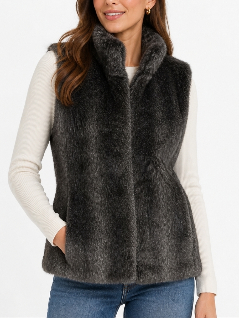 Banana Republic Charcoal Grey Faux Fur Soft Luxe Hidden Closure Sleeveless Vest